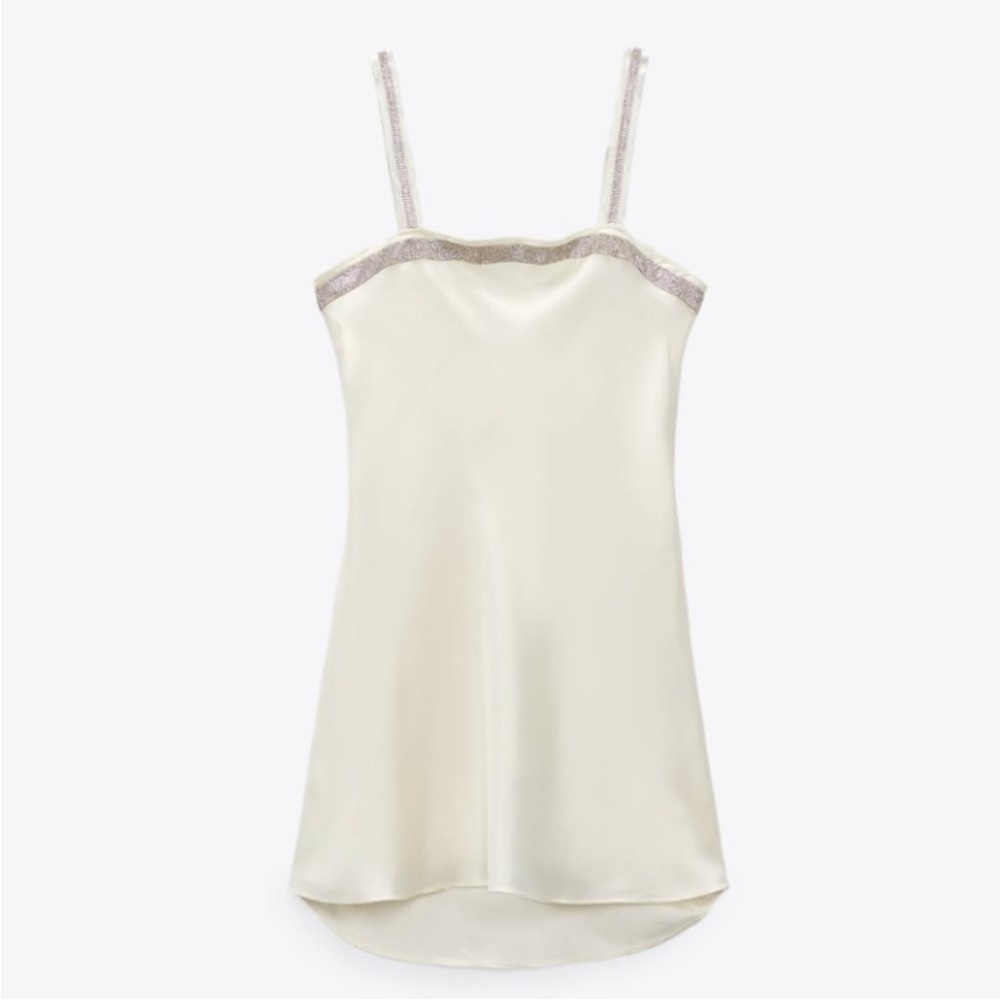 Zara Satin Effect Jewel Mini Dress in Oster White - S